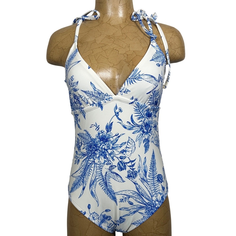 Kona Sol Womens Blue White Floral Toile One‎ Piece Swimsuit Size M Chinoiserie